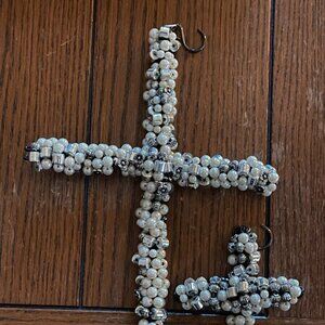 Handmade Crucifix Cross White & Silver beaded stores wire - hanging(2)